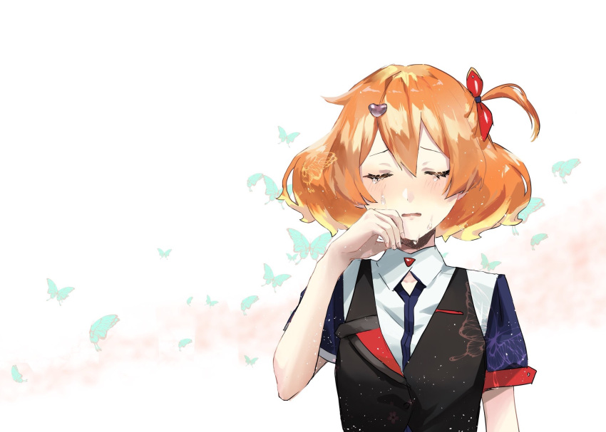1girl blonde_hair blue_butterfly bow brown_hair closed_eyes crying dress_shirt freyja_wion hair_bow hair_ornament heart heart_hair_ornament highres macross macross_delta multicolored_hair one_side_up open_mouth pote-mm red_bow shiny shiny_hair shirt short_hair short_sleeves simple_background solo tears two-tone_hair upper_body white_background white_shirt