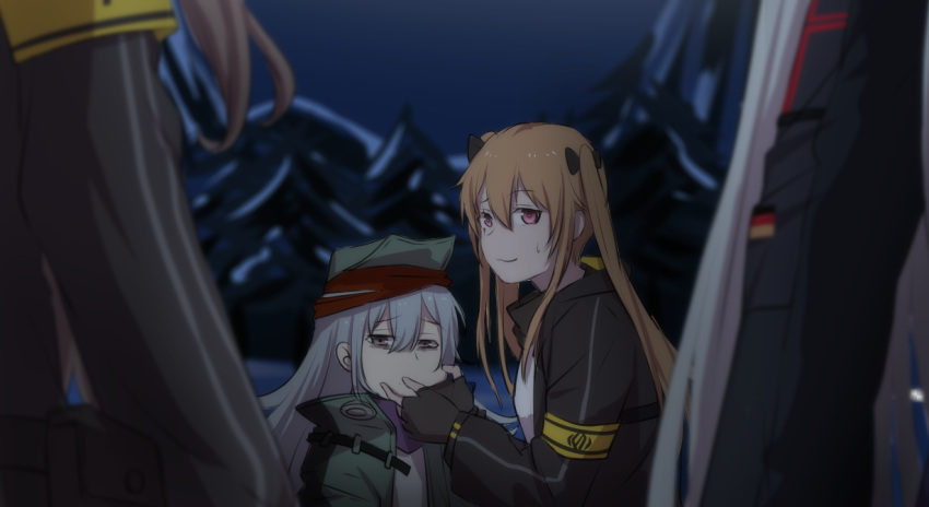 404_(girls_frontline) 404_logo_(girls_frontline) 4girls armband brown_hair cheek_pinching chinese_commentary commentary_request g11_(girls_frontline) german_flag girls_frontline hk416_(girls_frontline) multiple_girls pinching siblings silver_hair sisters sweatdrop twins twintails ump45_(girls_frontline) ump9_(girls_frontline) xiujia_yihuizi