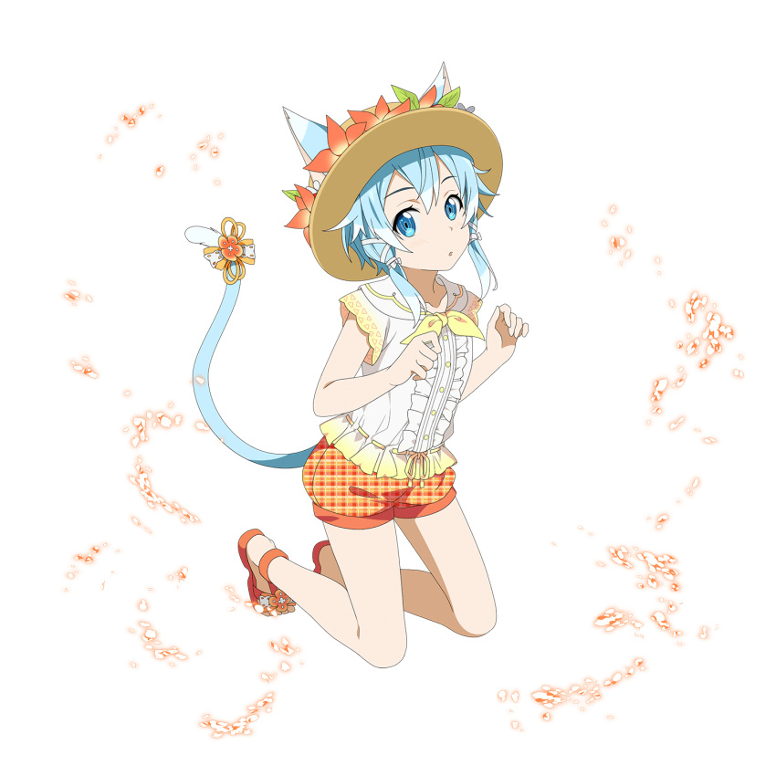 1girl animal_ears blue_eyes blue_hair bow cat_ears cat_tail child dress_shirt floating_hair flower full_body hair_between_eyes hair_ribbon hat hat_flower highres kneeling looking_at_viewer official_art orange_flower orange_shorts parted_lips plaid plaid_shorts ribbon shirt short_hair_with_long_locks short_shorts short_sleeves shorts sidelocks sinon_(sao-alo) solo sun_hat sword_art_online tail tail_bow transparent_background white_ribbon white_shirt yellow_headwear yellow_neckwear younger