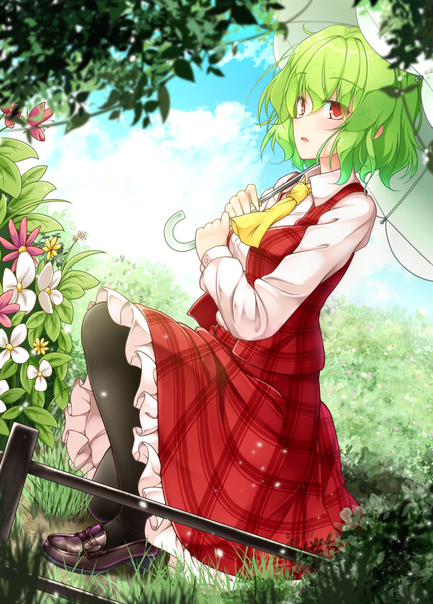 1girl aka_tawashi ascot bangs black_footwear black_legwear blue_sky blush breasts clouds commentary_request day dutch_angle eyebrows_visible_through_hair flower full_body grass green_hair hair_between_eyes highres holding holding_umbrella kazami_yuuka leaf loafers long_sleeves looking_at_viewer medium_breasts one_knee outdoors pantyhose parted_lips petticoat pink_flower plaid plaid_skirt plaid_vest red_eyes red_skirt red_vest shirt shoes short_hair skirt skirt_set sky solo touhou umbrella vest white_flower white_shirt white_umbrella wing_collar yellow_flower yellow_neckwear