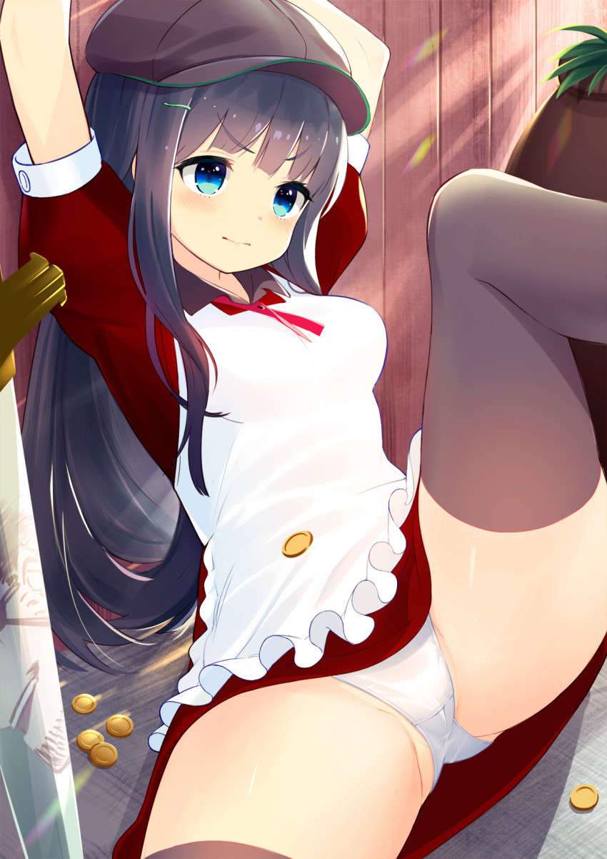 1girl apron arms_up ass black_hair black_headwear black_legwear blue_eyes blush breasts cabbie_hat closed_mouth commentary_request crotch_seam dress frown hair_ornament hairclip hat highres leg_up long_hair maid_apron medium_breasts midori555 original panties plant potted_plant puffy_short_sleeves puffy_sleeves red_dress short_sleeves sidelocks solo sunlight thigh-highs thighs underwear v-shaped_eyebrows white_panties wing_collar
