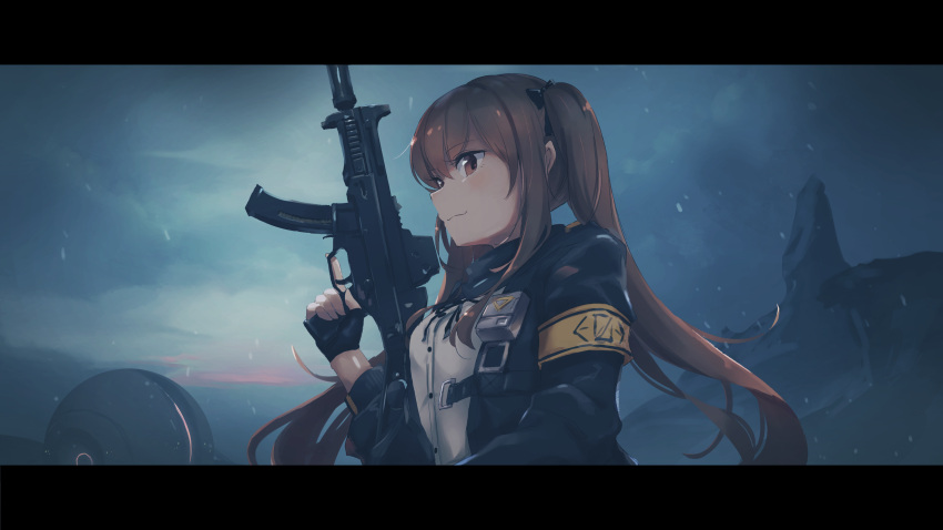1girl :3 absurdres armband bangs black_bow black_gloves black_jacket black_ribbon black_skirt blush bow breasts brown_eyes brown_hair buckle closed_mouth clouds cloudy_sky eyebrows_visible_through_hair fingerless_gloves girls_frontline gloves gun h&amp;k_ump hair_bow hair_ornament hairclip highres holding holding_weapon jacket long_hair neck_ribbon nitro_(mugityaoisii) open_clothes open_jacket outdoors ribbon scarf shirt skirt sky smile solo submachine_gun twintails ump9_(girls_frontline) upper_body weapon white_shirt