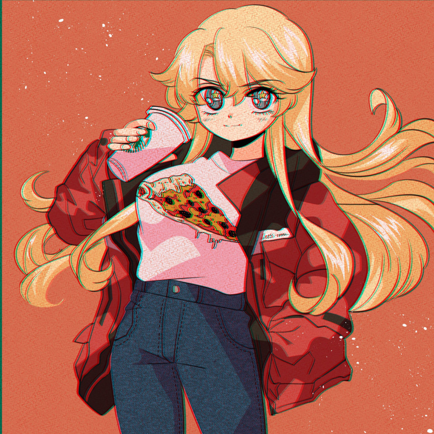 1girl alternate_costume anaglyph anno88888 bangs blonde_hair blue_eyes breasts casual coffee coffee_cup commentary cup denim disposable_cup drink eyebrows_visible_through_hair eyelashes fingernails food hand_in_pocket highres iowa_(kantai_collection) jacket jeans long_hair orange_background pants pizza pizza_shirt pocket red_jacket shirt simple_background smirk solo star star-shaped_pupils starbucks symbol-shaped_pupils t-shirt white_shirt