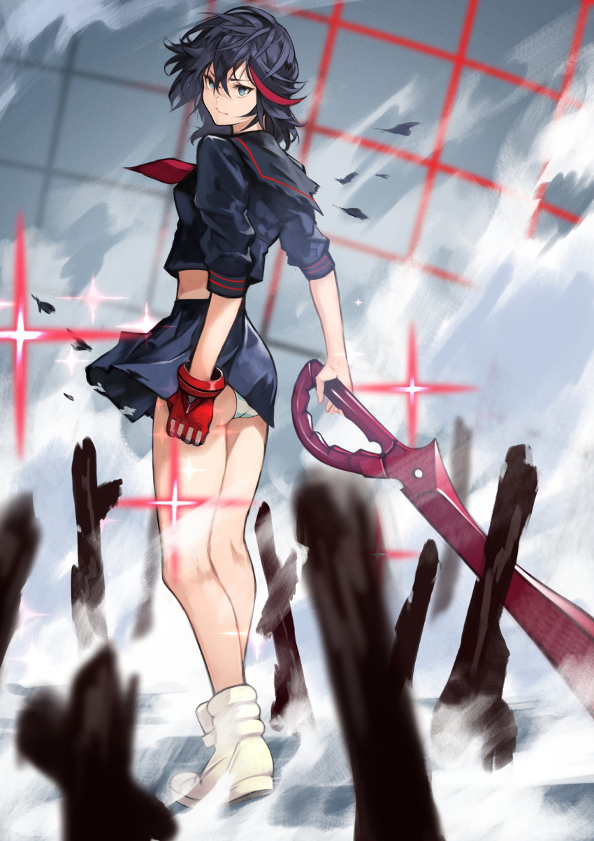 1girl 55level bare_legs black_hair blue_eyes breasts commentary_request from_behind gloves highres holding kill_la_kill looking_at_viewer matoi_ryuuko midriff multicolored_hair outdoors panties red_gloves redhead school_uniform scissor_blade serafuku short_hair single_glove skirt solo torn_clothes two-tone_hair underwear white_panties