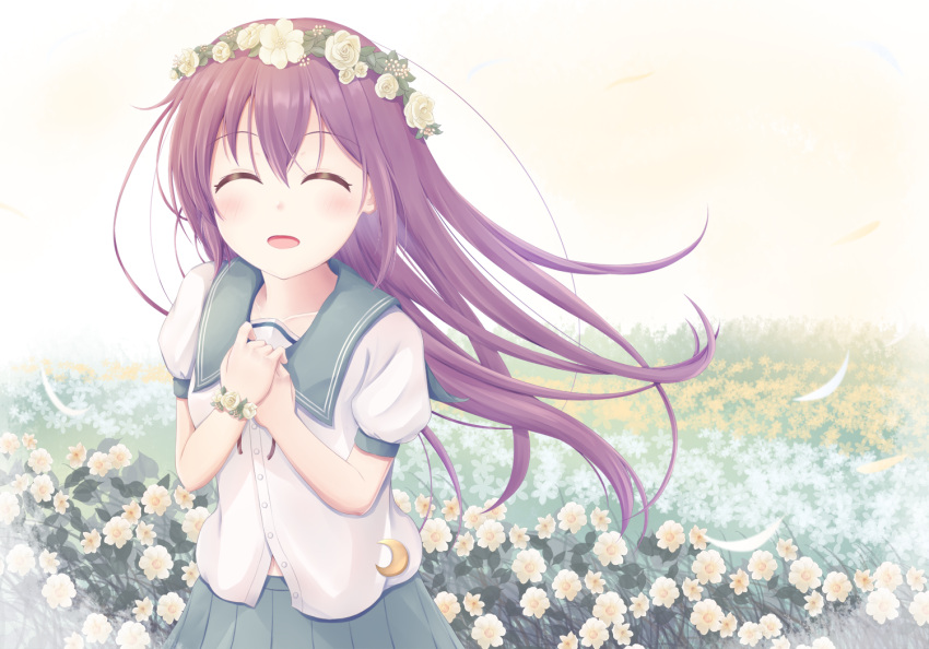 1girl breasts brown_hair collarbone cowboy_shot crescent crescent_moon_pin eyebrows_visible_through_hair field flower flower_bracelet flower_field from_above green_sailor_collar green_skirt hair_between_eyes hand_on_own_chest head_wreath kantai_collection kisaragi_(kantai_collection) long_hair minakami_mimimi nature neckerchief open_mouth outdoors petals pleated_skirt sailor_collar school_uniform serafuku shirt short_sleeves skirt small_breasts smile solo very_long_hair white_shirt wind