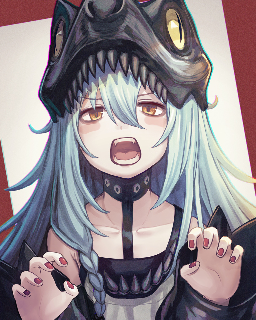 1girl bangs blush braid choker claw_pose commentary_request dakunesu dinosaur eyebrows_visible_through_hair fang g11_(girls_frontline) girls_frontline hat highres leather leather_choker long_hair nail nail_polish off_shoulder open_mouth shirt side_braid silver_hair sleeveless sleeveless_shirt solo teeth upper_body yellow_eyes