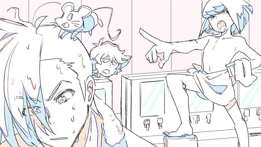 3boys bucket color_trace creator_connection eyes_visible_through_hair galo_thymos gueira highres lio_fotia male_focus mouse multiple_boys naked_towel no_nipples onsen open_mouth parody pointing promare sidelocks spiky_hair tengen_toppa_gurren_lagann towel undercut vinny_(promare) wet