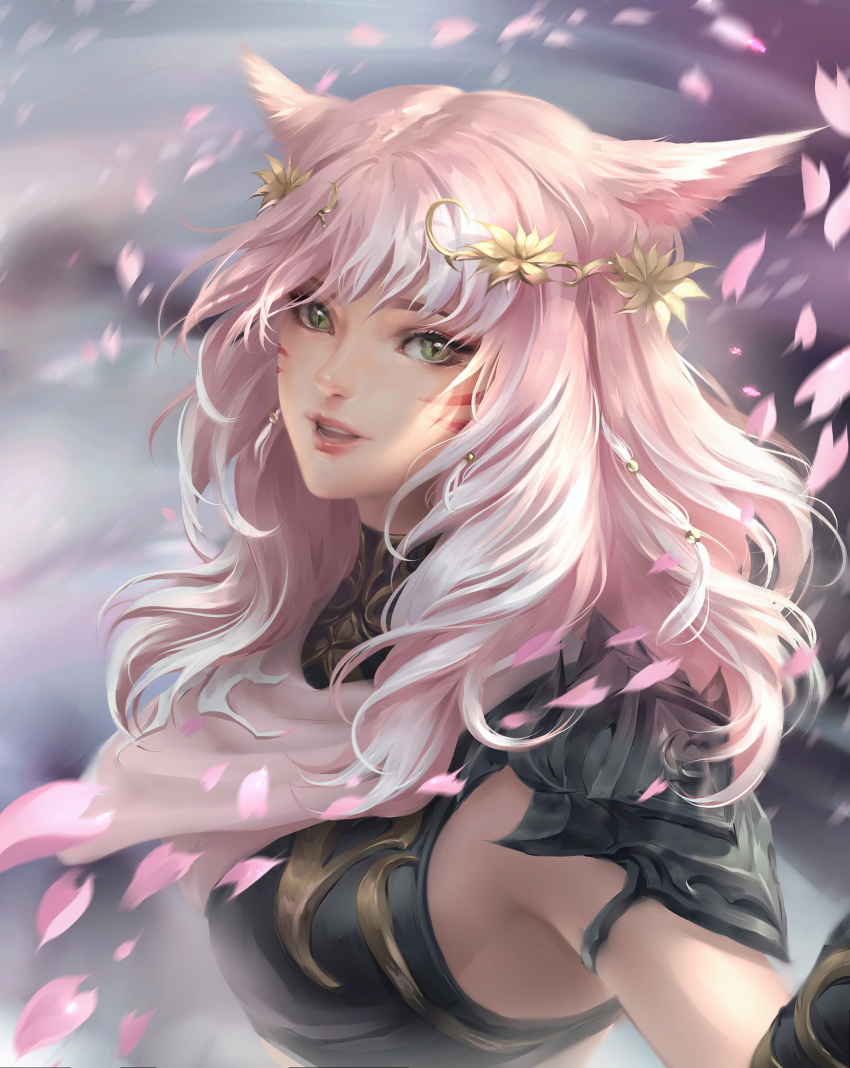 1girl absurdres animal_ears blurry blurry_background breasts cat_ears chuby_mi circlet commission facial_mark final_fantasy final_fantasy_xiv highres lips long_hair looking_at_viewer medium_breasts miqo'te open_mouth petals pink_hair profile shoulder_armor sleeveless slit_pupils solo upper_body whisker_markings yellow_eyes