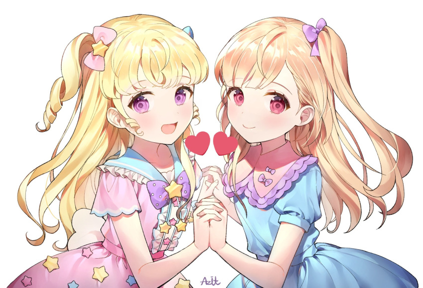 2girls artist_name azit_(down) blonde_hair blush bow closed_mouth collarbone commission eyebrows_visible_through_hair hair_bow highres holding_hands long_hair multiple_girls open_mouth original pink_eyes purple_bow side_ponytail signature smile violet_eyes yellow_bow