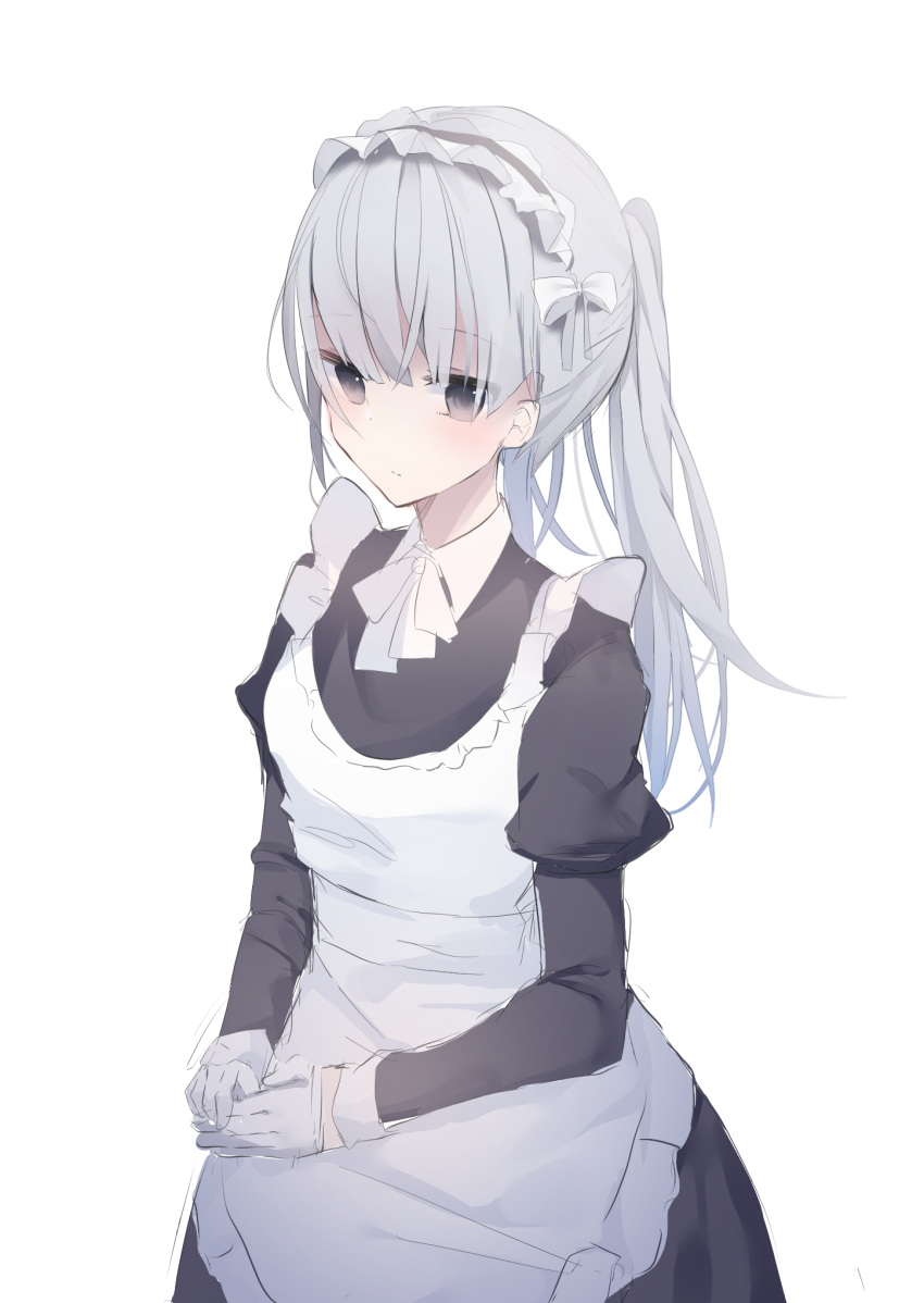 1girl apron bangs black_dress black_hairband bow breasts closed_mouth collared_dress dress expressionless eyebrows_visible_through_hair frilled_hairband frills gloves grey_eyes grey_hair hair_between_eyes hair_bow hairband half_gloves hands_on_lap highres juliet_sleeves light_blush long_hair long_sleeves looking_away maid maid_apron neck_ribbon original own_hands_together puffy_sleeves ribbon silver_hair simple_background sitting sketch small_breasts solo tsuruse twintails upper_body white_apron white_background white_bow white_gloves white_ribbon