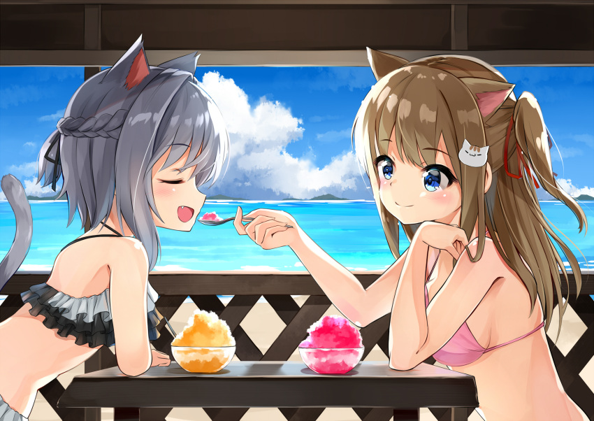 2girls :d animal_ears bangs bare_arms bare_shoulders bikini black_ribbon blue_sky blush braid breasts brown_hair cat_ears cat_hair_ornament cat_tail closed_eyes closed_mouth clouds commentary_request day eye_contact eyebrows_visible_through_hair fang feeding hair_between_eyes hair_intakes hair_ornament hair_ribbon highres holding holding_spoon horizon leaning_forward looking_at_another medium_breasts multiple_girls ocean one_side_up open_mouth original outdoors pink_bikini ponytail profile red_ribbon ribbon shaved_ice silver_hair sky smile sora_(silent_square) spoon swimsuit table tail tail_raised upper_body water yuri