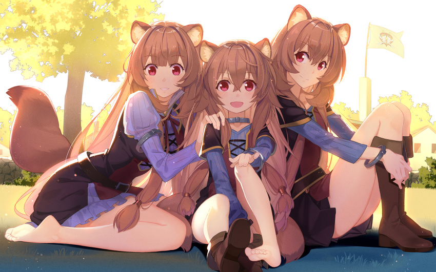 3girls animal_ears bangs barefoot beek blunt_bangs blush boots brown_hair collar cuffs dress eyebrows_visible_through_hair feet flag full_body hair_between_eyes hand_on_another's_shoulder handcuffs happy highres long_hair long_sleeves looking_at_viewer multiple_girls older open_mouth outdoors puffy_long_sleeves puffy_sleeves raccoon_ears raccoon_girl raccoon_tail raphtalia red_eyes ribbed_sweater sidelocks sitting smile sweater tail tate_no_yuusha_no_nariagari tree younger