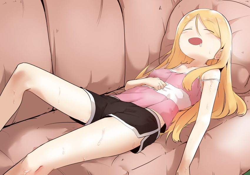 1girl absurdres blonde_hair blush bural_chingu couch drooling full_body hair_between_eyes highres lee_ji-min long_hair on_couch open_mouth saliva shorts sleeping smile solo strap_slip sweat tank_top wweed