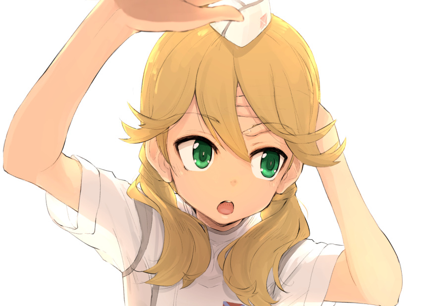 1girl :o alice_gear_aegis arms_up bangs blonde_hair commentary_request eyebrows_visible_through_hair garrison_cap green_eyes hair_between_eyes hair_over_shoulder hand_on_own_forehead hat highres kotomura_akane long_hair low_twintails mini_hat momo_(higanbana_and_girl) open_mouth round_teeth see-through shirt short_sleeves simple_background solo teeth twintails upper_body upper_teeth white_background white_headwear white_shirt