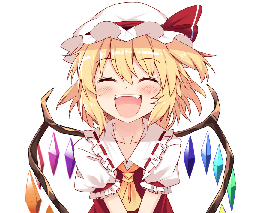 1girl :d ^_^ ascot bangs blonde_hair blush closed_eyes collarbone commentary_request crystal e.o. eyebrows_visible_through_hair facing_viewer fangs flandre_scarlet frilled_shirt_collar frills hair_between_eyes hat hat_ribbon highres mob_cap one_side_up open_mouth puffy_short_sleeves puffy_sleeves red_ribbon red_vest ribbon ribbon-trimmed_collar ribbon_trim shirt short_hair short_sleeves simple_background smile solo touhou upper_body vest white_background white_headwear white_shirt wings yellow_neckwear