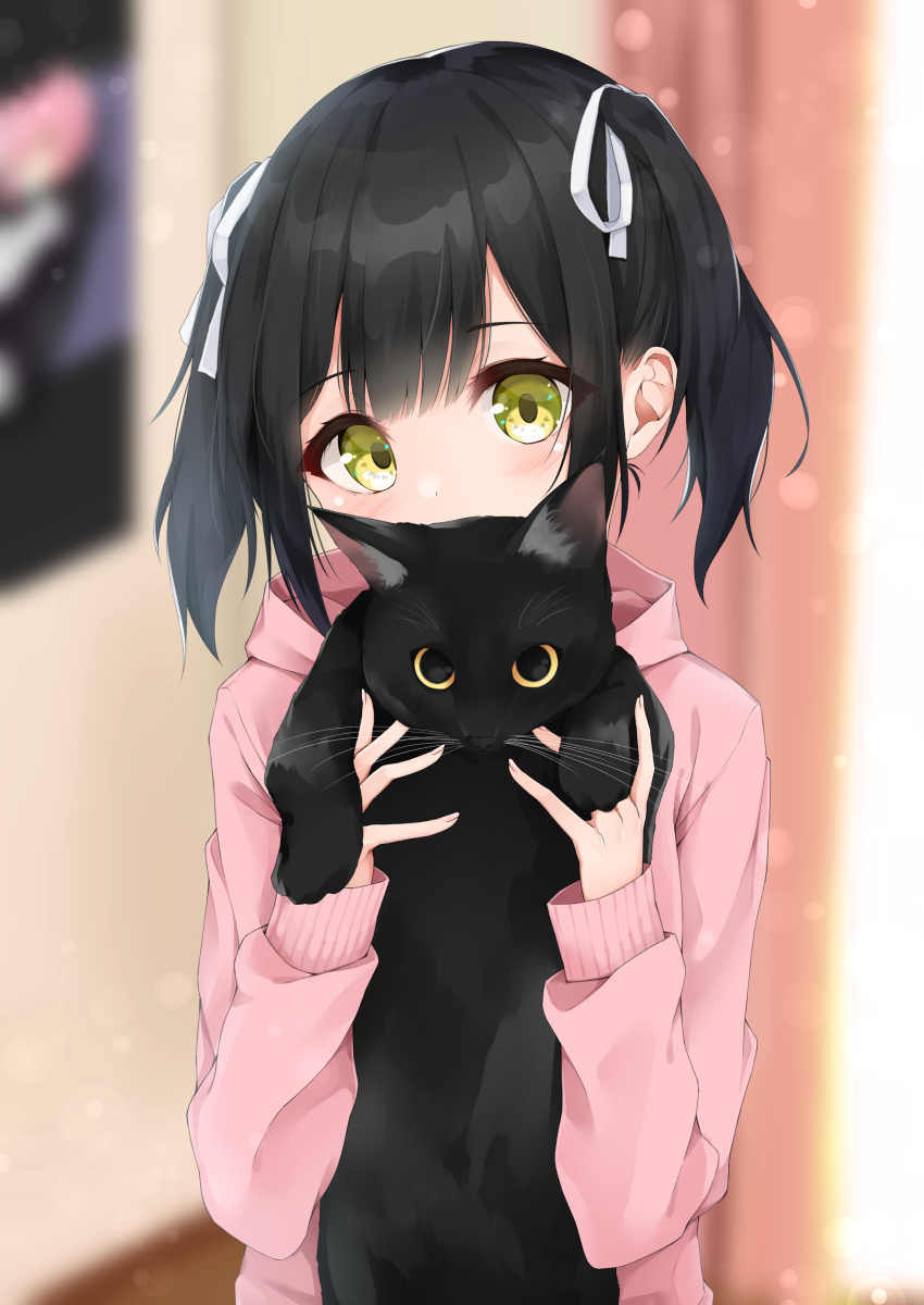 1girl absurdres animal bangs black_cat blurry blurry_background blush cat commentary_request depth_of_field eyebrows_visible_through_hair fingernails green_eyes hair_between_eyes hair_ribbon hands_up head_tilt highres hijouguti holding holding_cat hood hood_down hoodie indoors long_sleeves looking_at_viewer original pink_hoodie ribbon sleeves_past_wrists solo twintails upper_body white_ribbon