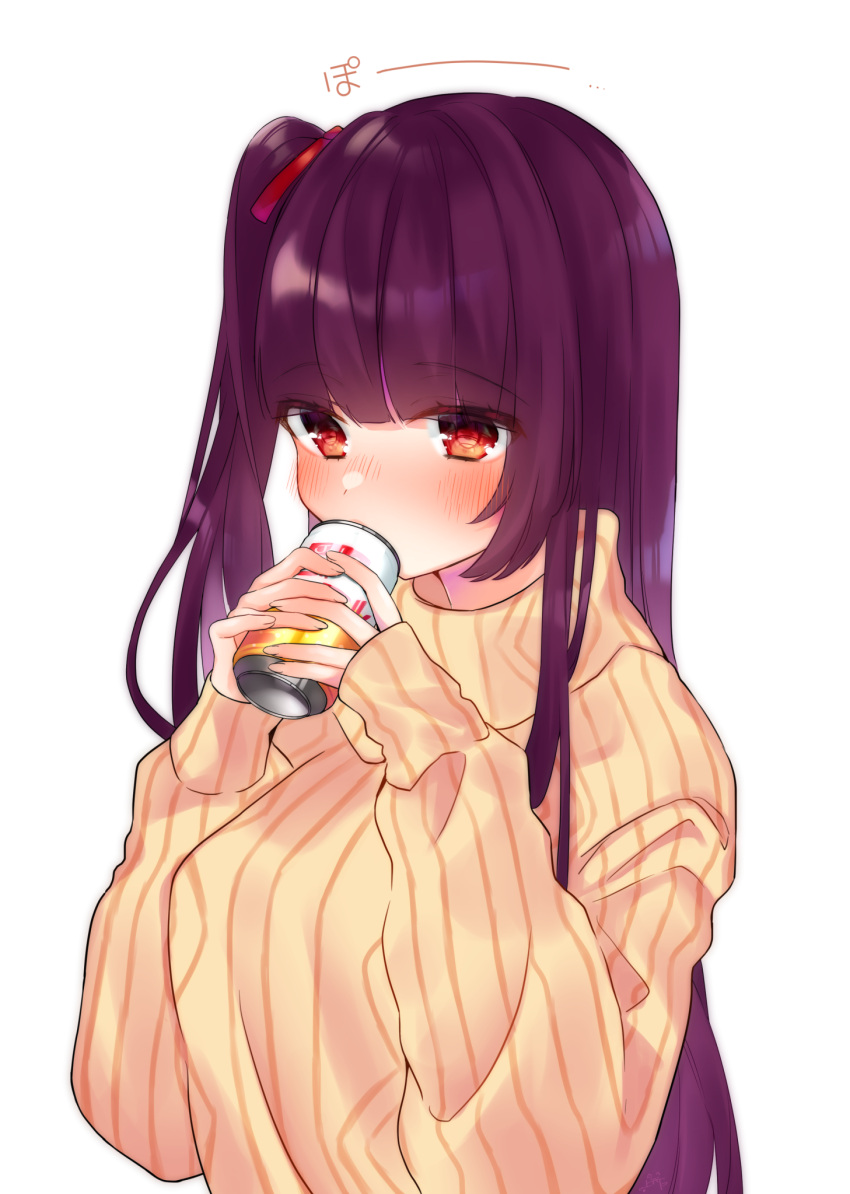 1girl blush commentary_request drinking etto_eat girls_frontline highres long_hair purple_hair red_eyes solo sweater tin_can translated wa2000_(girls_frontline) white_background