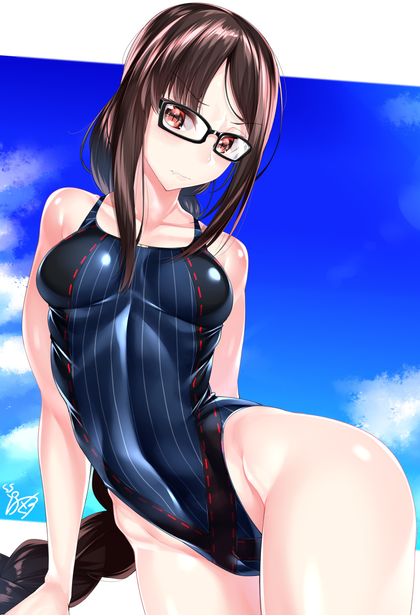 absurdres bangs black_swimsuit braid brown_hair commentary_request competition_swimsuit consort_yu_(fate) fate/grand_order fate_(series) glasses highres long_hair looking_at_viewer one-piece_swimsuit parted_bangs red_eyes sky swimsuit very_long_hair watosu_(watosu_mama)