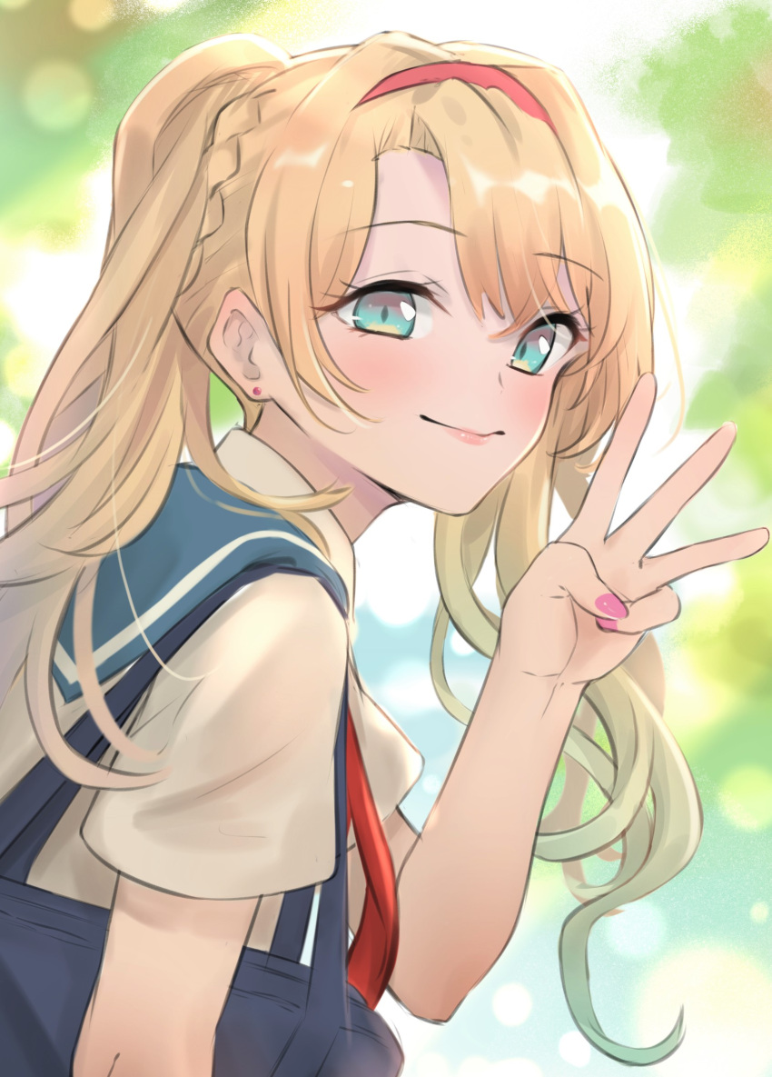 1girl alternate_costume bag blonde_hair blue_eyes blush earrings granblue_fantasy hairband highres jewelry long_hair looking_at_viewer looking_to_the_side middle_w nail_polish pink_nails red_hairband renzu_(lens_02) school_bag school_uniform serafuku smile solo stud_earrings twintails w zeta_(granblue_fantasy)