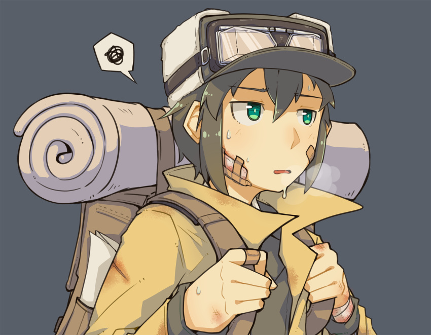 1girl androgynous backpack bag bandaged_head bandages bandaid bandaid_on_face bandaid_on_finger bangs breath coat goggles goggles_on_headwear green_eyes grey_background hair_between_eyes hat high_collar highres injury kino kino_no_tabi kokuya28 long_sleeves looking_away open_clothes open_coat parted_lips reverse_trap short_hair simple_background solo speech_bubble tomboy upper_body yellow_coat