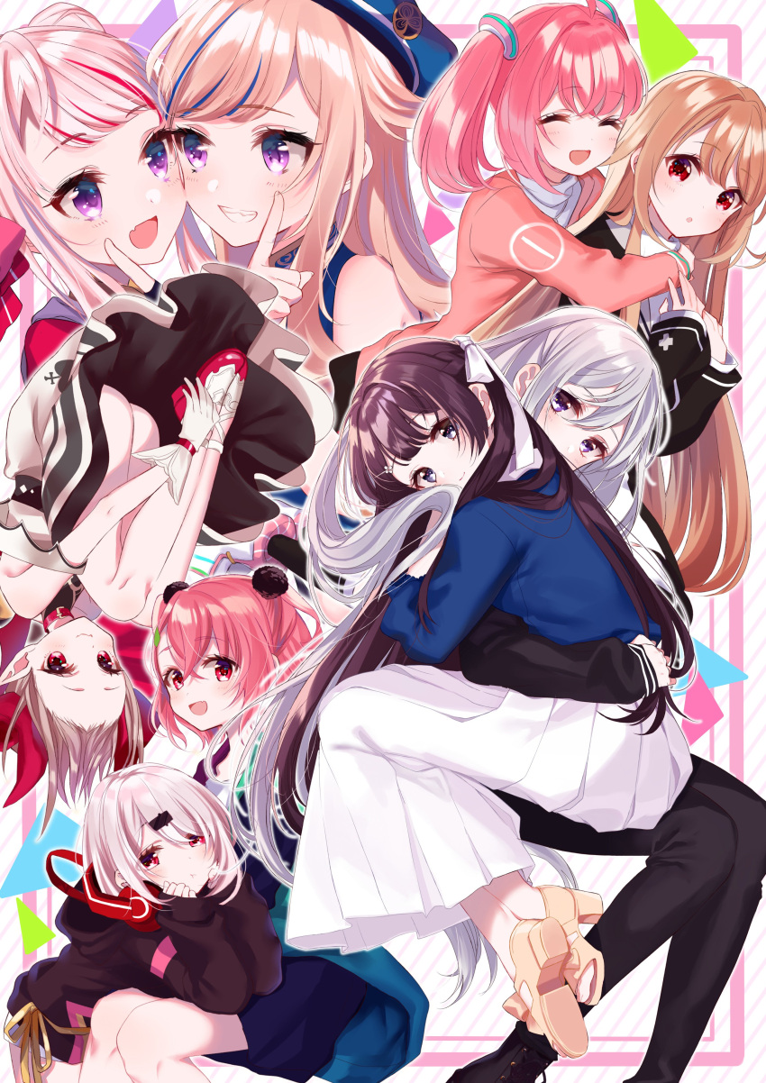 6+girls absurdres bangs black_hair black_shirt blonde_hair blue_eyes blue_hair blue_shirt blush brown_hair closed_eyes collar commentary cover dress fang finger_to_another's_mouth game_club_project gloves grin hair_ornament hairclip hat highres higuchi_kaede himehina_channel hug hug_from_behind index_finger_raised jacket light_brown_hair long_hair long_skirt long_sleeves looking_at_another looking_at_viewer makaino_ririmu misumi_(macaroni) multicolored_hair multiple_girls nijisanji open_mouth pink_cardigan pink_hair pleated_skirt pointy_ears red_collar red_eyes red_footwear redhead sakuragi_miria sasaki_saku shiina_yuika shirt short_hair short_twintails silver_hair sitting skirt smile streaked_hair suzuki_hina tanaka_hime tsukino_mito twintails upside-down very_long_hair violet_eyes virtual_youtuber white_dress white_gloves white_skirt yumesaki_kaede yuri