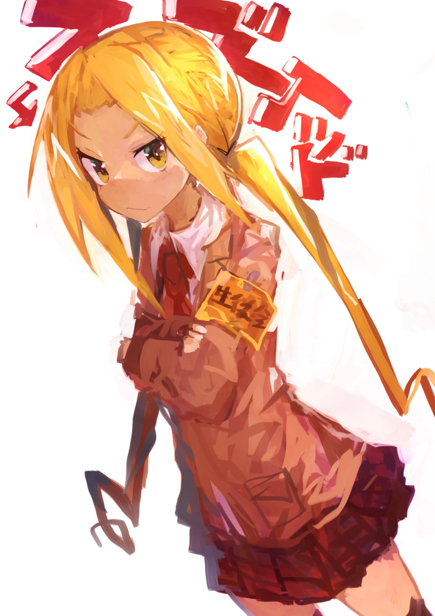 1girl absurdres armband blazer blonde_hair closed_mouth commentary crossed_arms dutch_angle hagimura_suzu highres jacket kaamin_(mariarose753) long_hair long_sleeves looking_at_viewer miniskirt safety_pin school_uniform seitokai_yakuindomo simple_background skirt solo thigh-highs thighs translated twintails white_background yellow_eyes
