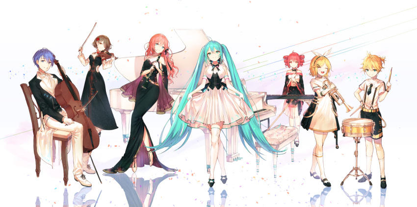 2boys 5girls ;) ^_^ ^o^ belt black_dress black_jacket black_neckwear black_ribbon black_shorts blue_eyes blue_hair bow bow_(instrument) bowtie breasts brown_eyes brown_hair buttons cello chair clarinet closed_eyes collared_shirt confetti curly_hair dress drill_hair drum drumsticks elbow_gloves eyebrows_visible_through_hair flat_chest flower formal full_body gloves hair_flower hair_ornament half-closed_eyes hand_on_hip hands_on_own_chest hatsune_miku high_heels highres holding holding_instrument instrument jacket kagamine_len kagamine_rin kaito kasane_teto kh_(kh_1128) light_smile long_dress long_hair looking_away marimba medium_breasts megurine_luka meiko miku_symphony_(vocaloid) multiple_boys multiple_girls neck_ribbon necktie one_eye_closed open_mouth pants piano piano_bench pink_hair ponytail red_eyes red_flower red_rose redhead reflection ribbon ribbon_hair rose shirt short_dress short_hair short_ponytail shorts side_slit simple_background sitting skirt_hold small_breasts smile standing striped striped_background suspenders teeth thigh-highs trumpet twin_drills twintails upper_teeth utau vertical-striped_background vertical_stripes very_long_hair violin vocaloid white_background white_dress white_footwear white_gloves white_legwear white_neckwear white_pants white_ribbon wide_sleeves