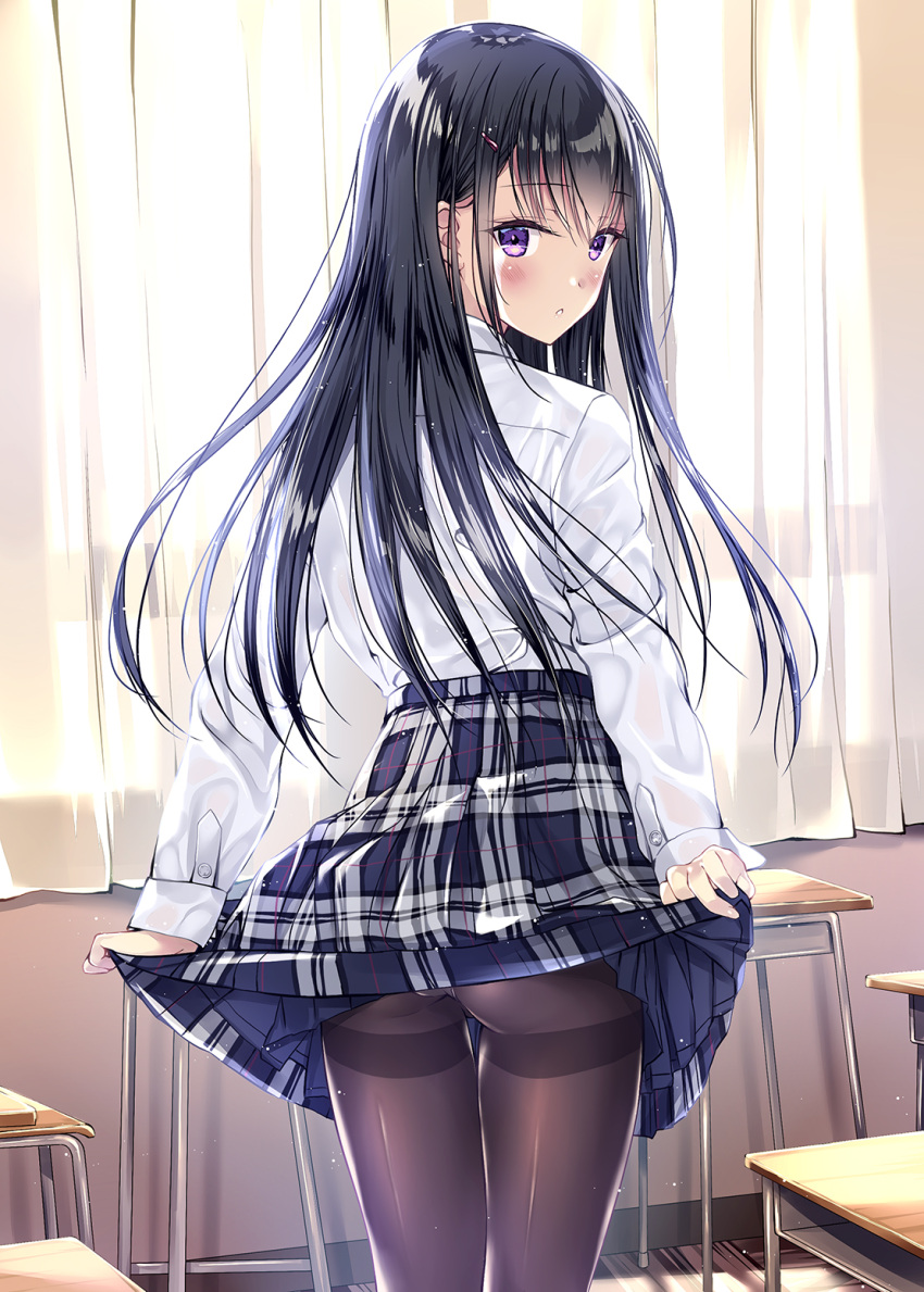 1girl :o ass black_hair black_skirt blush brown_legwear commentary_request cowboy_shot curtains desk from_behind high-waist_skirt highres indoors kobayashi_chisato long_hair long_sleeves looking_at_viewer looking_back original pantyhose parted_lips plaid plaid_skirt school_desk shirt shirt_tucked_in sidelocks skirt skirt_lift solo standing thighband_pantyhose thighs violet_eyes white_shirt