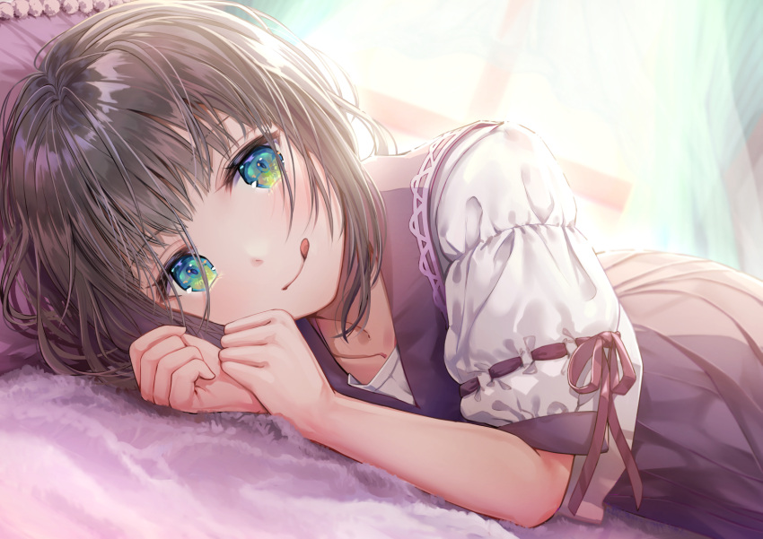 1girl :q akasaka_asa backlighting black_hair black_skirt blue_eyes closed_mouth collarbone commentary_request curtains highres looking_at_viewer lying on_bed on_side original pleated_skirt shirt short_hair short_sleeves skirt smile solo sunlight tongue tongue_out white_shirt window