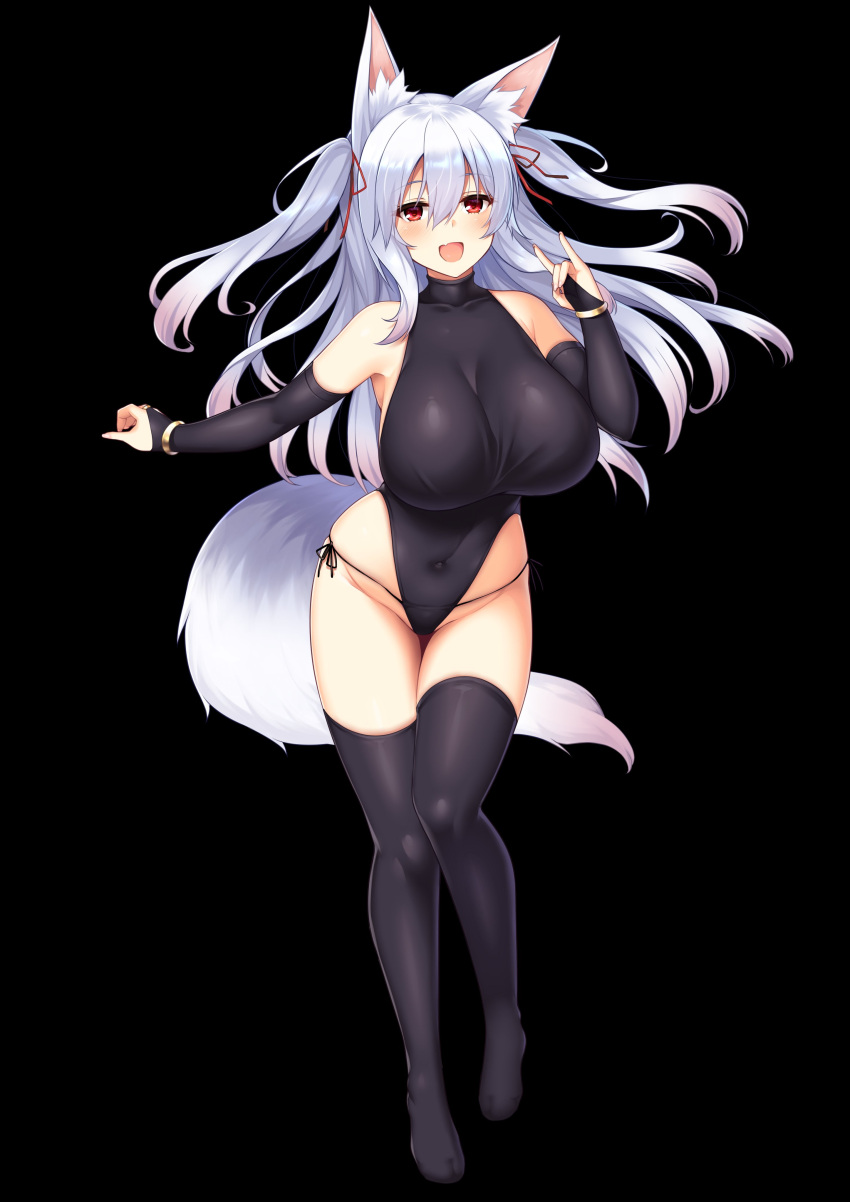 1girl absurdres animal_ears bangs bare_shoulders bikini black_background blush bracelet breasts covered_collarbone covered_navel crossed_bangs elbow_gloves eyebrows_visible_through_hair fox_ears fox_tail full_body gloves hair_between_eyes hair_ornament hair_ribbon highleg highleg_leotard highres horosuke_(toot08) jewelry large_breasts leotard long_hair looking_at_viewer no_shoes open_mouth original red_eyes ribbon side-tie_bikini silver_hair simple_background skin_tight skindentation sleeveless smile solo standing string_bikini swimsuit tail thigh-highs two_side_up