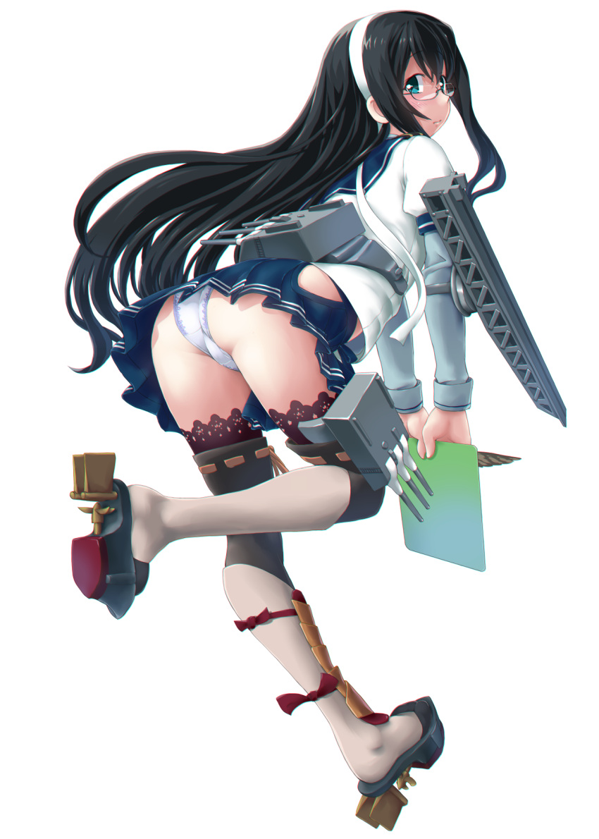 1girl aircraft_catapult ass bangs black_hair blue_eyes blue_skirt blush breasts cannon closed_mouth commentary_request dd_(ijigendd) eyebrows_visible_through_hair from_behind full_body glasses hair_between_eyes hair_ribbon hairband high_heels highres hip_vent holding kantai_collection lace lace-trimmed_legwear lace-trimmed_panties legs long_hair long_sleeves looking_at_viewer looking_back machinery ooyodo_(kantai_collection) panties platform_footwear platform_heels pleated_skirt purple_legwear quill ribbon rigging rudder_footwear sailor_collar school_uniform semi-rimless_eyewear serafuku simple_background skirt small_breasts solo standing thigh-highs thighs turret under-rim_eyewear underwear white_background white_panties