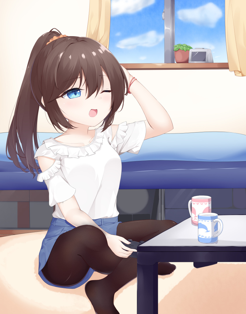 1girl absurdres arm_up bangs bed blue_eyes blue_shorts blue_sky blush breasts brown_hair brown_legwear brown_scrunchie clouds collarbone commentary_request controller crossed_legs cup curtains day eyebrows_visible_through_hair frilled_shirt frills game_controller hair_between_eyes hair_ornament hair_scrunchie high_ponytail highres holding indoors mug on_floor one_eye_closed open_mouth original pantyhose plant ponytail potted_plant roido_(taniko-t-1218) scrunchie shirt short_shorts short_sleeves shorts sitting sky small_breasts solo table white_shirt window