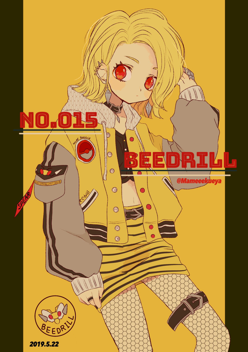 1girl beedrill blonde_hair character_name collar cowboy_shot dated drawstring earrings expressionless fishnet_legwear fishnets highres honeycomb_(pattern) jewelry long_sleeves looking_at_viewer mameeekueya midriff navel number personification pokemon pokemon_number red_eyes ring short_hair solo twitter_username