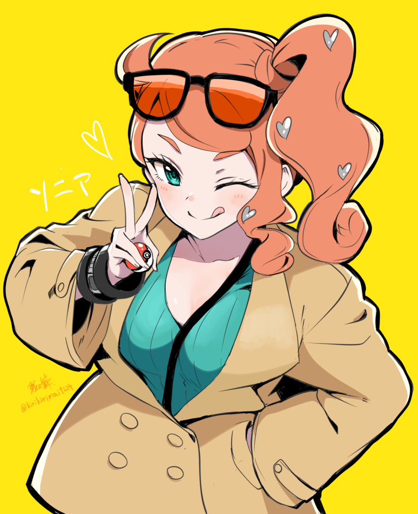 1girl ;q blush brown_coat closed_mouth coat green_eyes green_shirt hair_ornament hand_in_pocket heart heart_hair_ornament highres kirikirimai_(kkm) long_hair long_sleeves looking_at_viewer nail_polish one_eye_closed orange_hair poke_ball pokemon pokemon_(game) pokemon_swsh shirt side_ponytail simple_background sketch smile solo sonia_(pokemon) standing sunglasses tongue tongue_out v yellow_background