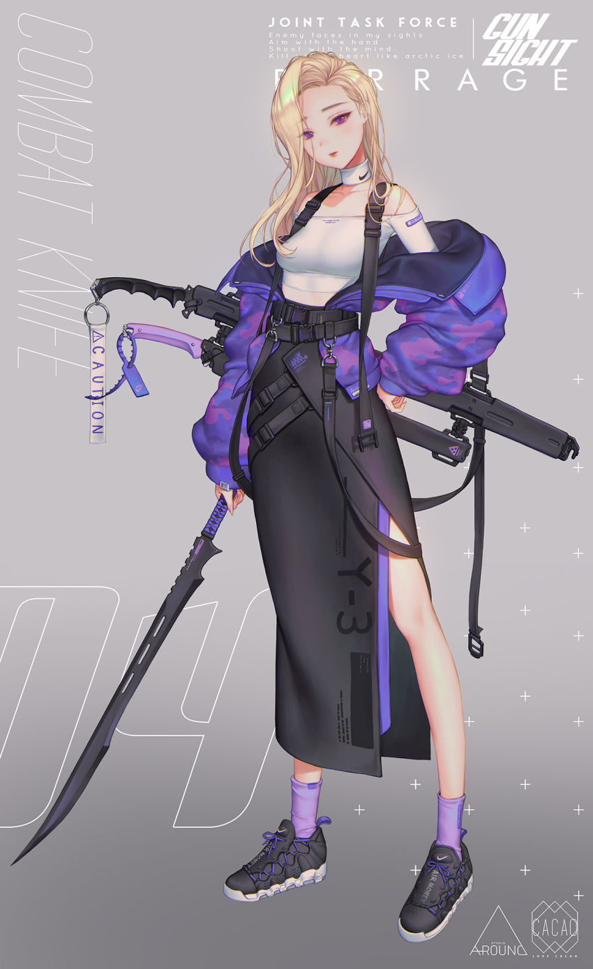 1girl artist_name belt black_skirt blonde_hair breasts caution_tape choker coat collarbone combat_knife eyebrows_visible_through_hair eyelashes eyes_visible_through_hair fingernails grey_background highres holding holding_weapon knife lips long_fingernails long_hair long_skirt long_sleeves looking_at_viewer love_cacao medium_breasts original sheath sheathed shoelaces shoes shoulders simple_background skirt sneakers socks solo stamp standing strapless sword violet_eyes weapon