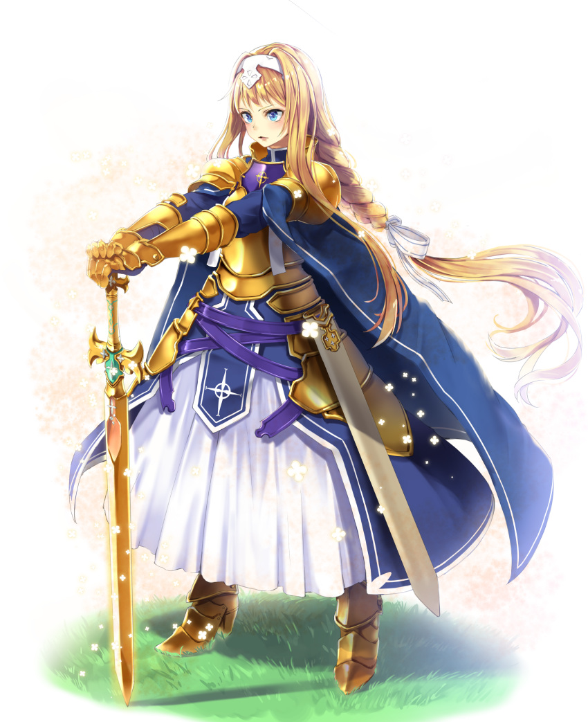 1girl alice_schuberg armored_boots blonde_hair blue_dress blue_eyes blush boots bow braid breastplate commentary_request dress flower full_body funyariko gauntlets grass hair_bow hands_on_hilt headpiece highres long_hair looking_away outstretched_arms parted_lips sheath single_braid solo standing striped striped_bow sword sword_art_online unsheathed very_long_hair weapon white_background white_bow white_flower