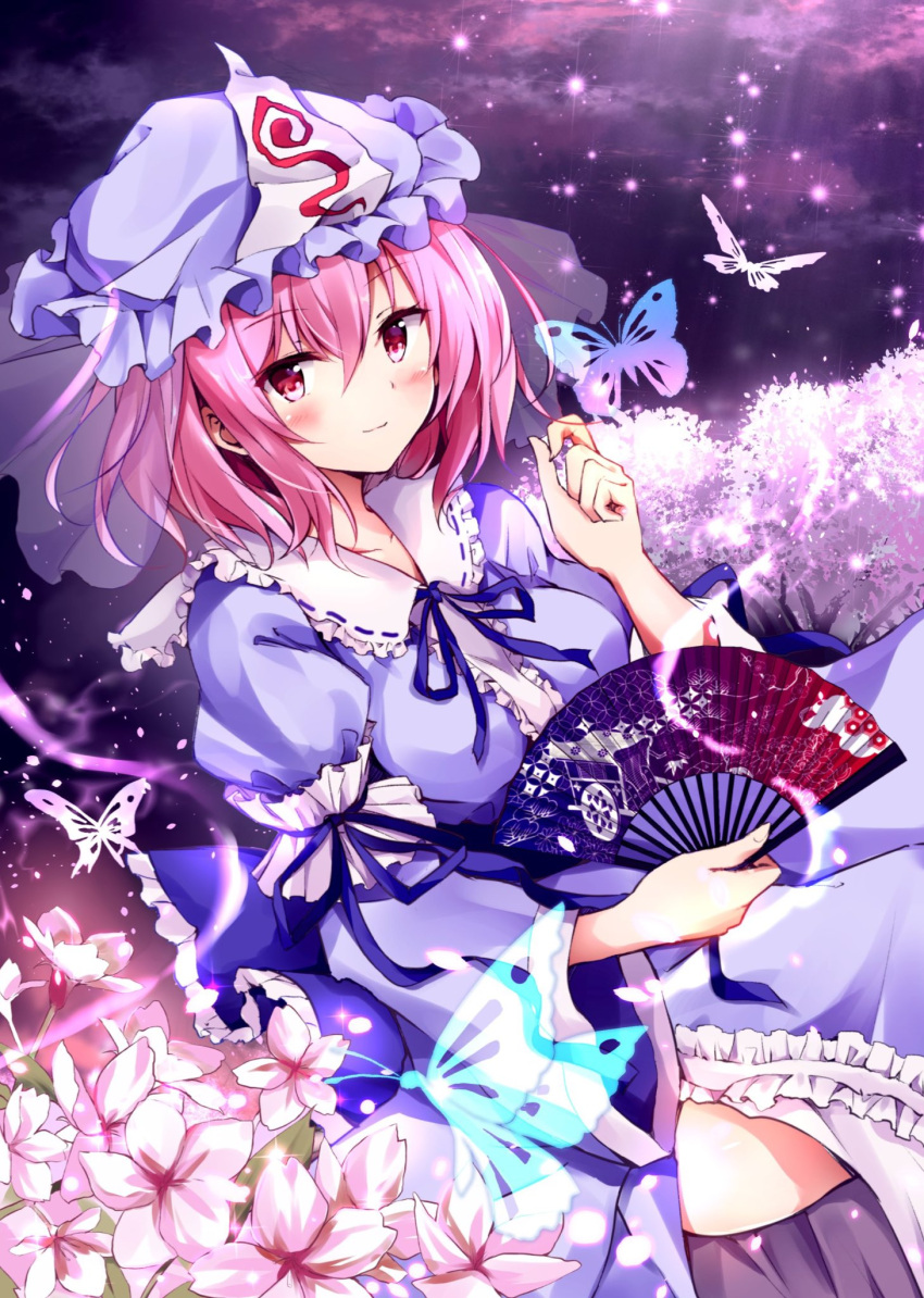 1girl arm_garter bangs blue_dress blue_headwear blue_neckwear blue_ribbon breasts bug butterfly center_frills cherry_blossoms commentary_request dress eyebrows_visible_through_hair fan flower folding_fan frilled_shirt_collar frills hair_between_eyes hand_up hat highres holding holding_fan hyurasan insect juliet_sleeves light_particles long_sleeves looking_at_viewer medium_breasts mob_cap neck_ribbon pink_eyes pink_flower pink_hair puffy_sleeves ribbon ribbon-trimmed_collar ribbon_trim saigyouji_yuyuko saigyouji_yuyuko's_fan_design short_hair sidelocks smile solo touhou triangular_headpiece veil wide_sleeves