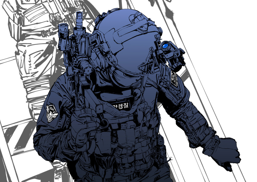 1boy absurdres alatchenkov army assault_rifle gloves gun helmet highres holding holding_weapon korean_text laser_sight long_sleeves male_focus mask military military_uniform monochrome night_vision_device original rifle scope simple_background solo stairs uniform weapon