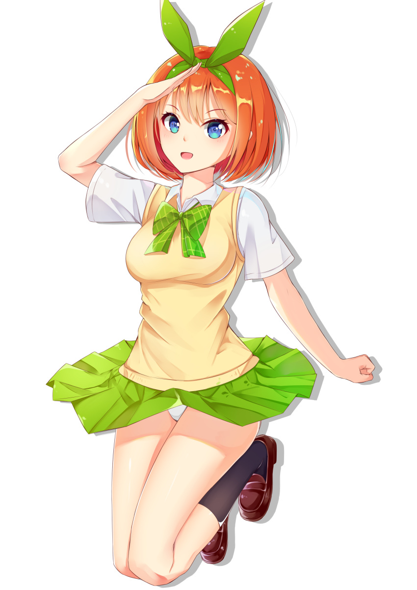 1girl absurdres bangs blue_eyes blush bow breasts brown_footwear commentary_request eyebrows_visible_through_hair full_body go-toubun_no_hanayome green_bow green_ribbon green_skirt hair_between_eyes hair_intakes hair_ribbon highres large_breasts loafers looking_at_viewer nakano_yotsuba open_mouth orange_hair panties ribbon shirt shoes short_hair short_sleeves simple_background skirt smile solo sweater_vest tming underwear white_background white_panties white_shirt
