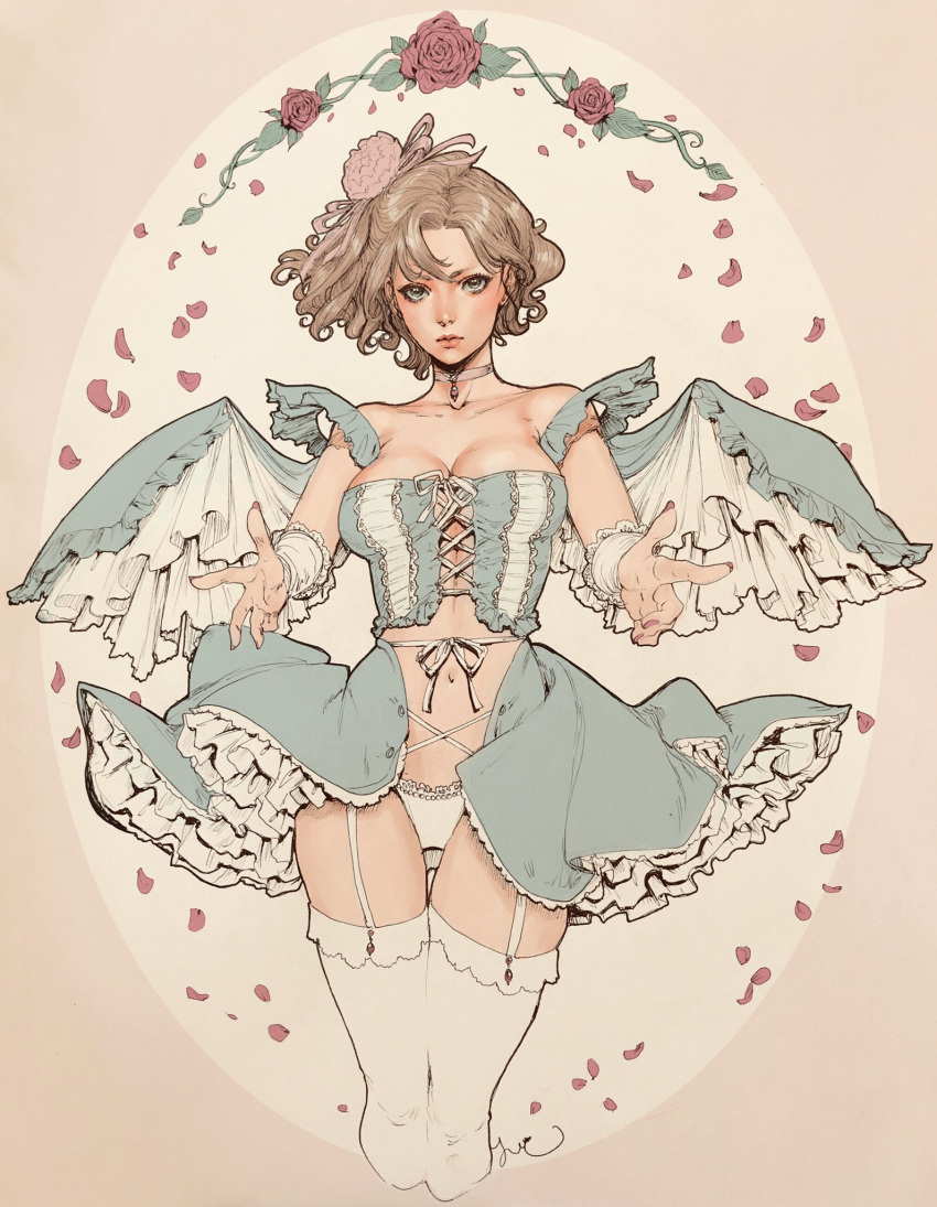 1girl breasts collar cropped_legs feet_out_of_frame flower frills highres jasmin_darnell large_breasts light_brown_hair lips looking_at_viewer navel original outstretched_arms petals red_flower red_nails red_rose rose solo thigh-highs white_legwear wings