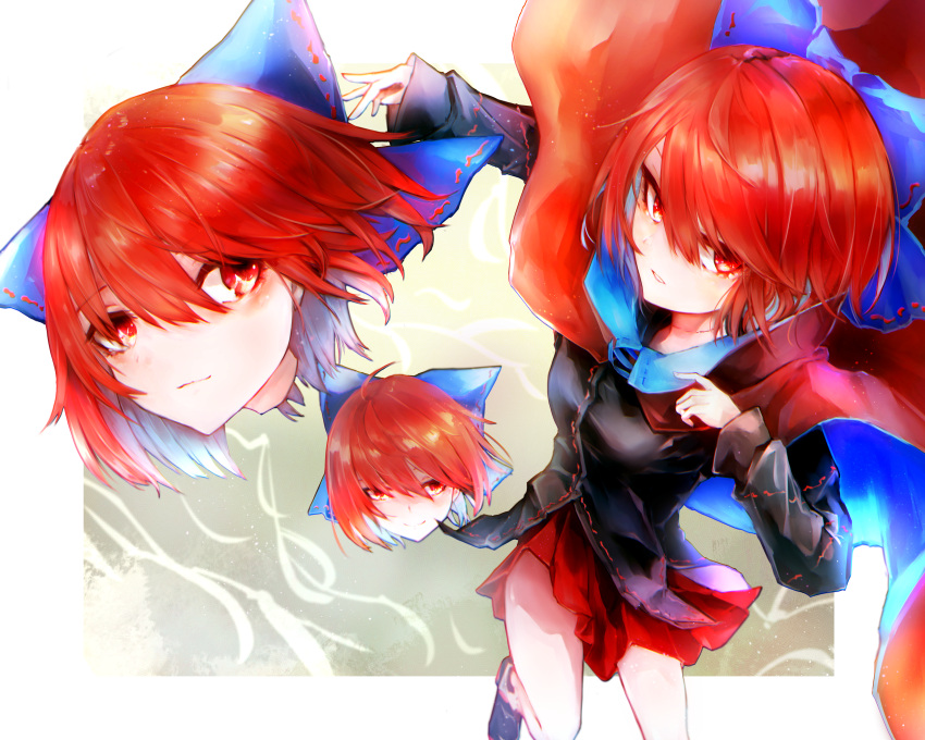 absurdres black_shirt blue_bow bow cape commentary_request disembodied_head hair_bow highres huge_filesize light_smile long_sleeves miniskirt outside_border parted_lips red_eyes red_skirt redhead safutsuguon sekibanki shirt short_hair skirt touhou