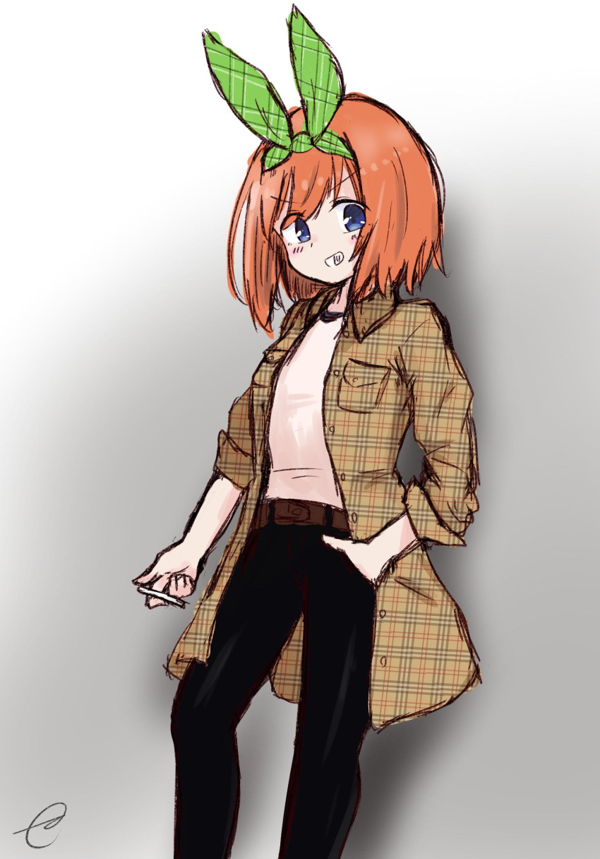 1girl bangs belt black_pants blue_eyes blush brown_belt brown_hair brown_jacket cigarette commentary_request eyebrows_visible_through_hair go-toubun_no_hanayome gradient gradient_background green_ribbon grey_background grin hair_between_eyes hair_ribbon hand_in_pocket highres holding holding_cigarette jacket kujou_karasuma long_sleeves looking_at_viewer nakano_yotsuba open_clothes open_jacket pants plaid plaid_jacket plaid_ribbon ribbon shirt signature sketch smile solo unmoving_pattern v-shaped_eyebrows white_background white_shirt