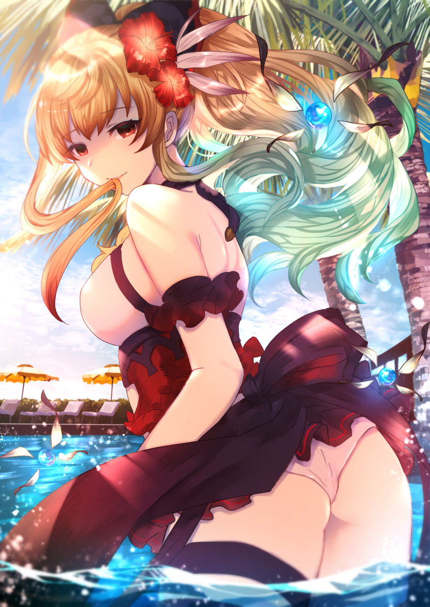 1girl absurdres bangs bare_shoulders black_ribbon blonde_hair blue_sky blush bow breasts chair clouds day detached_sleeves dress empty_eyes floating_hair flower granblue_fantasy grin hair_between_eyes hair_bow hair_ornament hair_ribbon hibiscus highres large_breasts long_hair looking_at_viewer lounge_chair orange_eyes outdoors palm_tree panties ponytail pool ribbon short_dress shoulder_blades sidelocks sky sleeveless sleeveless_dress smile solo sunlight sweetroad thigh_strap tree umbrella underwear vira_lilie wading white_panties