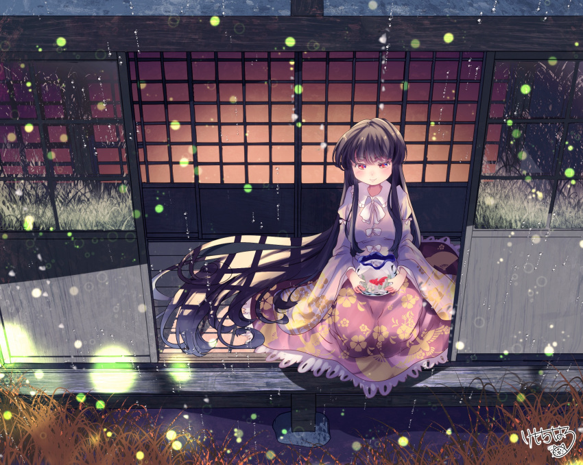 1girl absurdly_long_hair blouse blush bow bowl commentary_request eyebrows_visible_through_hair fireflies fishbowl floral_print from_above grass hair_between_eyes hair_spread_out highres hime_cut holding holding_bowl houraisan_kaguya kemo_chiharu long_hair looking_down night on_floor outdoors pink_blouse print_skirt red_eyes red_skirt seiza shouji sidelocks signature sitting skirt sliding_doors smile solo touhou veranda very_long_hair water_drop white_bow white_neckwear wooden_floor