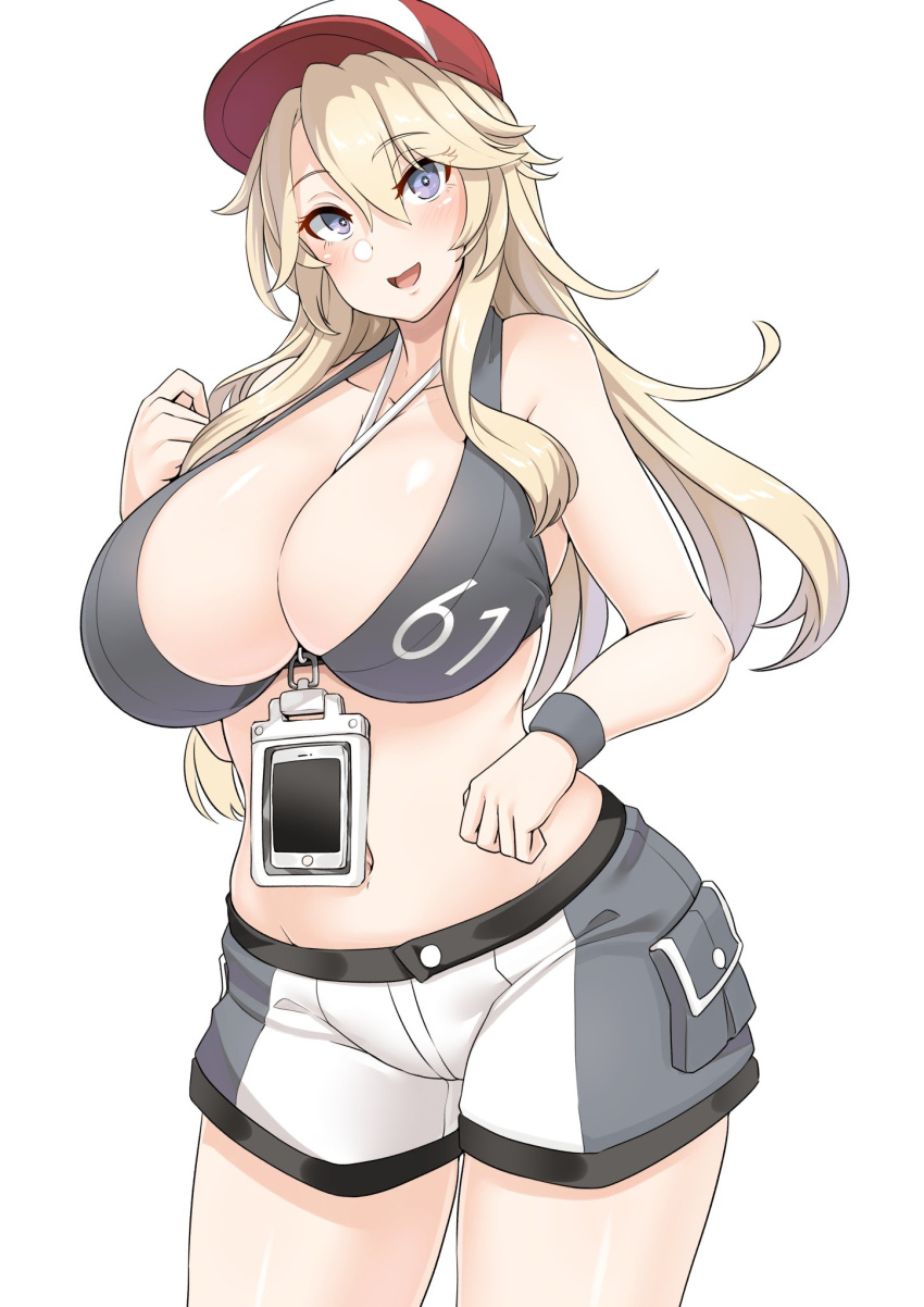 1girl between_breasts blonde_hair blush breasts cellphone hat highres huge_breasts iowa_(kantai_collection) kantai_collection long_hair navel open_mouth phone red_headwear ryuun_(stiil) shorts smartphone smile violet_eyes