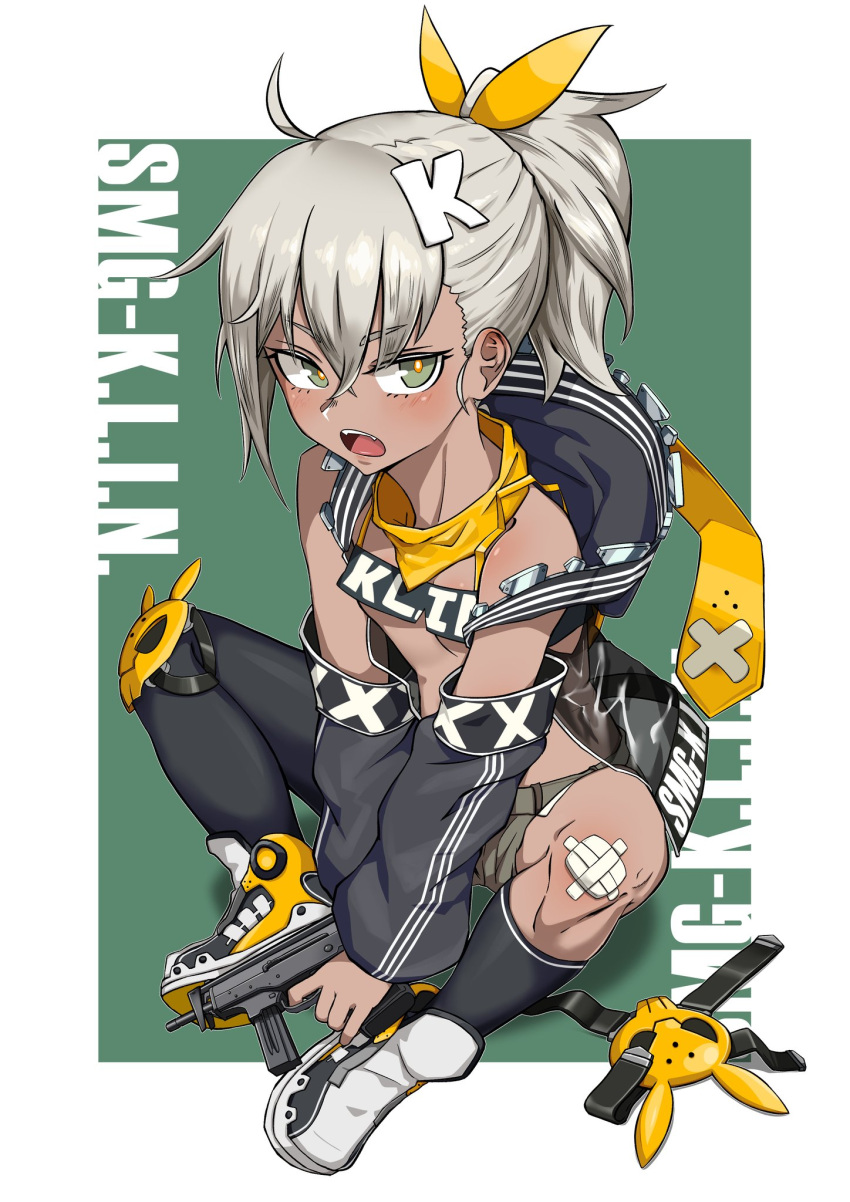1girl ahoge asymmetrical_legwear bangs between_legs black_footwear black_jacket black_legwear black_sleeves boots brown_shorts character_name commentary_request detached_sleeves eyebrows_visible_through_hair fangs finger_on_trigger girls_frontline green_background green_eyes gun hair_between_eyes hair_ornament hair_ribbon hand_between_legs high_ponytail highres holding holding_gun holding_weapon jacket klin_(girls_frontline) kneehighs long_sleeves micro_shorts object_namesake open_clothes open_jacket open_mouth orange_pupils ponytail puffy_long_sleeves puffy_sleeves ribbon see-through shorts silver_hair single_kneehigh single_thighhigh sitting sleeveless_jacket solo submachine_gun thigh-highs two-tone_background ubo_db v-shaped_eyebrows weapon weapon_request white_background yellow_ribbon