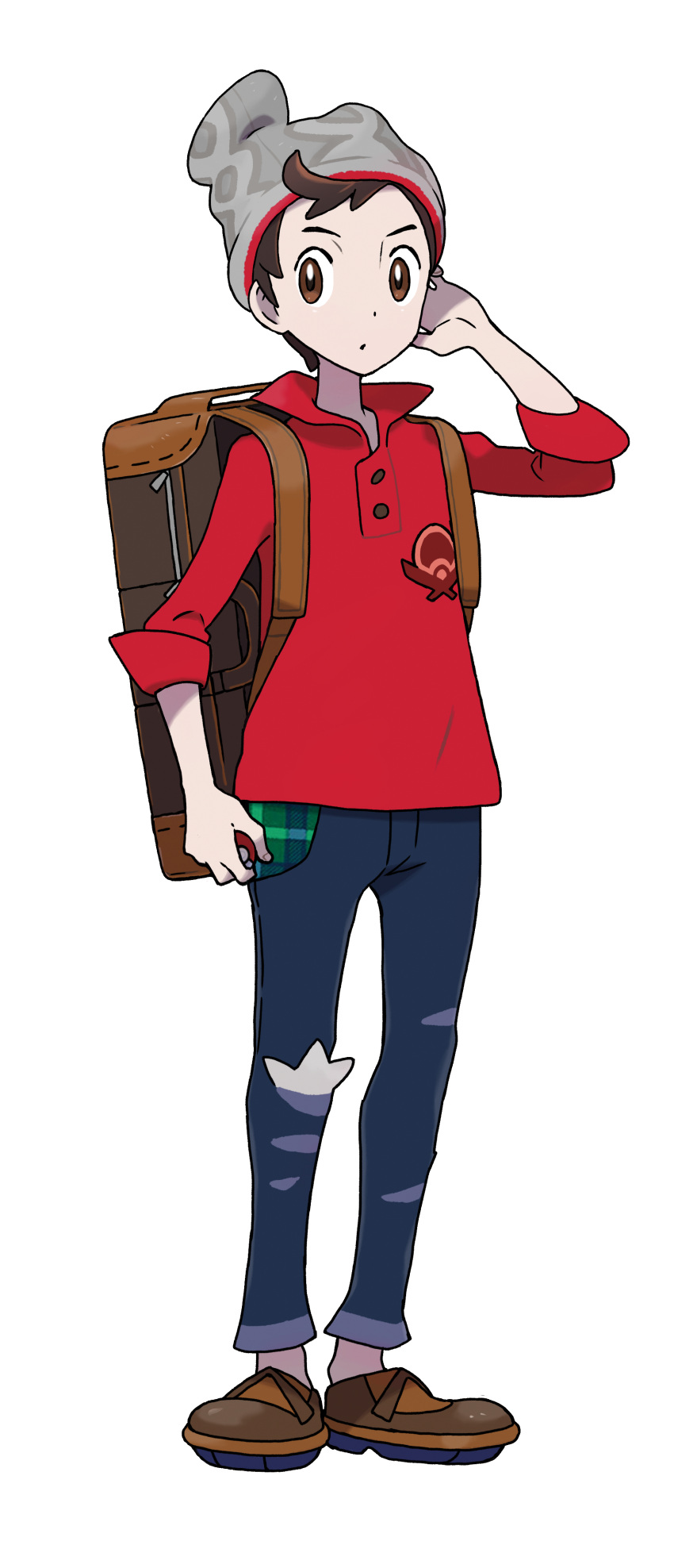 1boy absurdres artist_request backpack bag beanie blue_pants brown_eyes brown_footwear brown_hair full_body grey_headwear hand_up hat highres holding holding_poke_ball male_focus male_protagonist_(pokemon_swsh) official_art outline pants poke_ball poke_ball_(generic) poke_ball_theme pokemon pokemon_(game) pokemon_swsh red_shirt shirt shoes solo standing transparent_background white_outline
