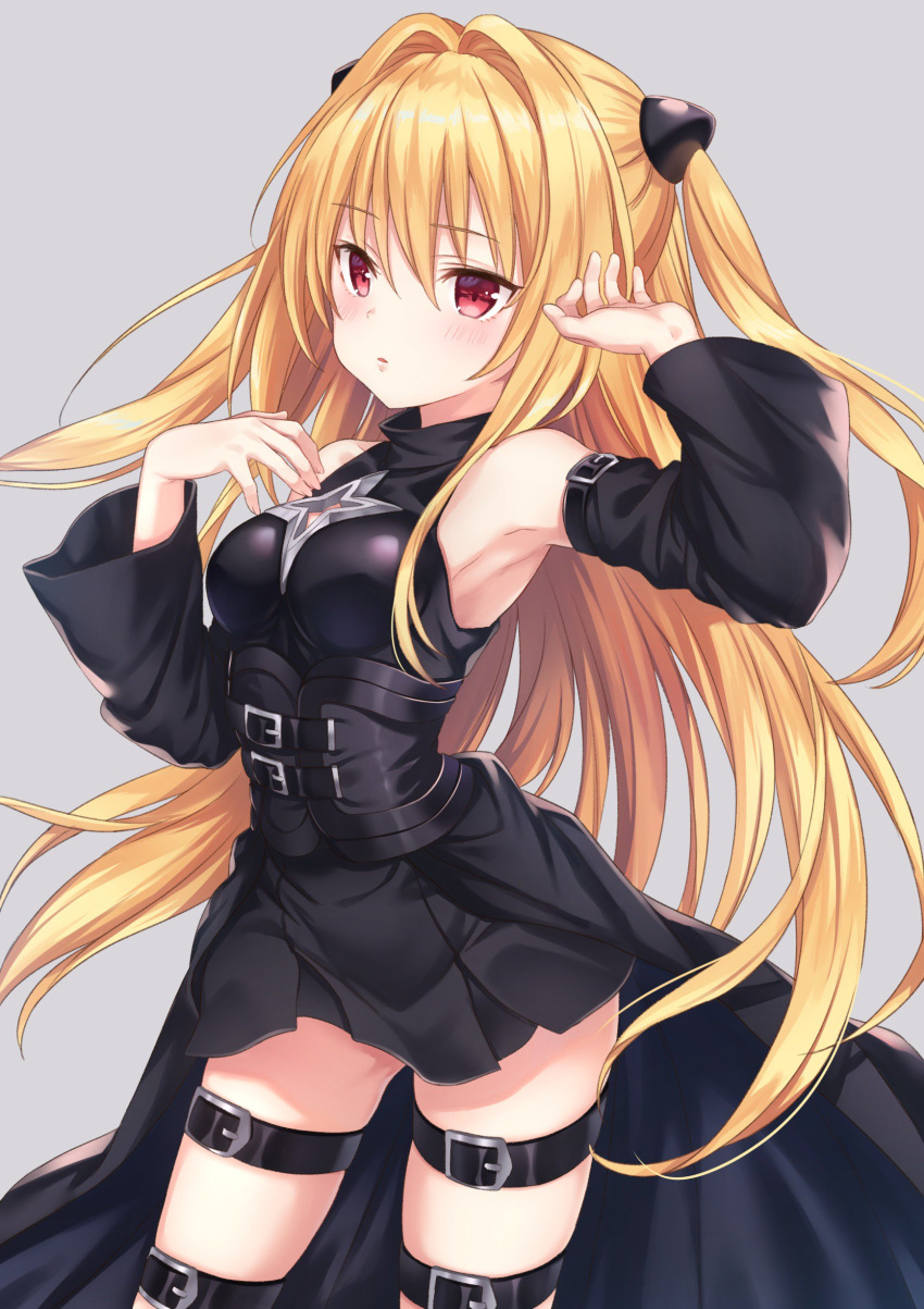 1girl absurdres arm_up armpits bangs bare_shoulders belt_buckle black_shirt black_skirt blonde_hair blush breasts buckle commentary_request cowboy_shot detached_sleeves floating_hair grey_background hair_intakes hair_ornament hand_up highres jimmy konjiki_no_yami leg_belt long_hair long_sleeves looking_at_viewer medium_breasts miniskirt parted_lips pleated_skirt red_eyes shirt simple_background skindentation skirt solo standing thighs to_love-ru two_side_up very_long_hair waist_cape