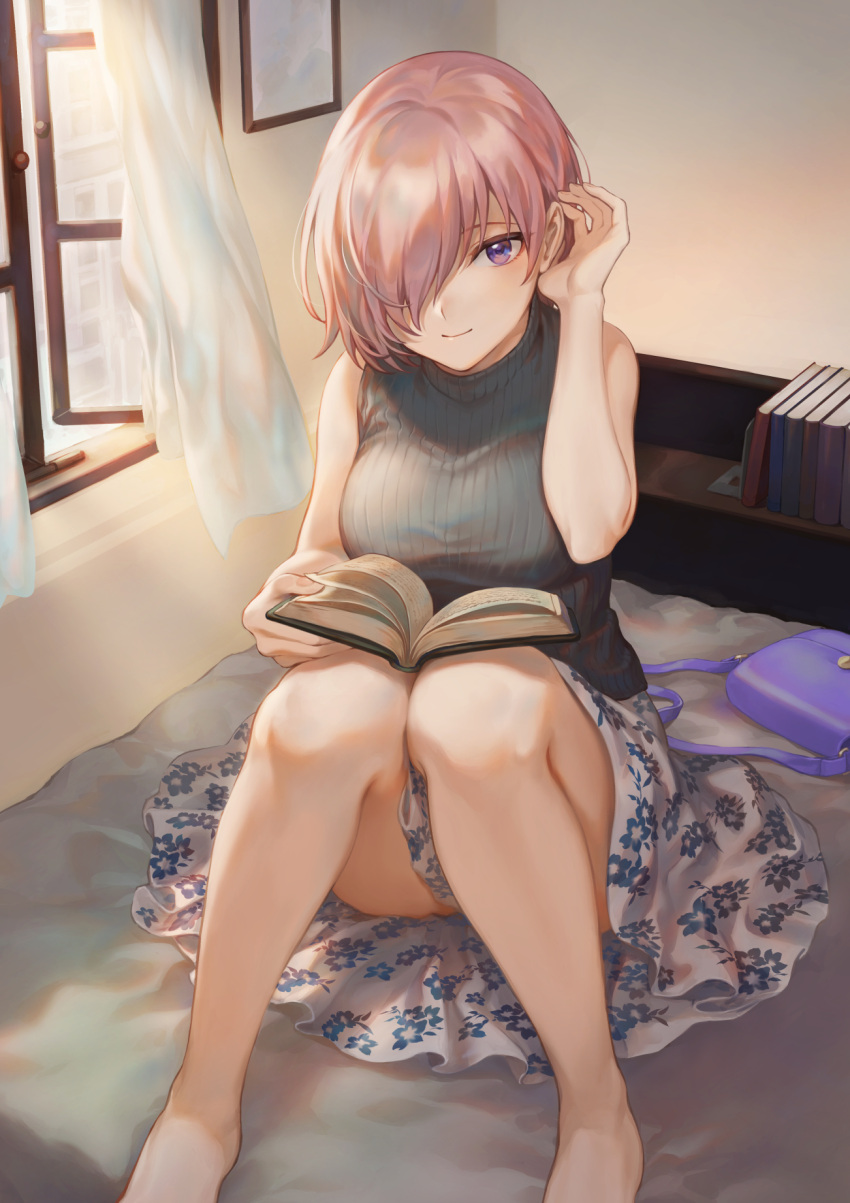 1girl bag bare_legs barefoot blush book bookshelf breasts casual closed_mouth commentary curtains fate/grand_order fate_(series) floral_print grey_sweater hair_over_one_eye hair_tucking handbag highres holding holding_book indoors knees_together_feet_apart large_breasts looking_at_viewer mash_kyrielight mashuu_(neko_no_oyashiro) on_bed pink_hair ribbed_sweater short_hair signature sitting skirt smile solo sweater sweater_vest turtleneck turtleneck_sweater twitter_username violet_eyes white_skirt wind window