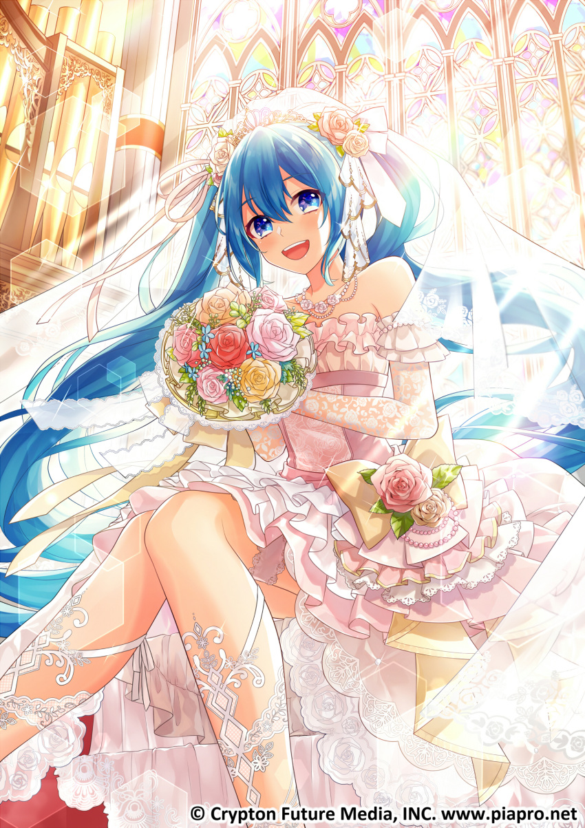 1girl bare_shoulders blue_eyes blue_hair bouquet commentary crypton_future_media dress elbow_gloves flower gari_(apollonica) garters gloves hair_between_eyes hair_flower hair_ornament hatsune_miku highres instrument jewelry lace lace-trimmed_gloves light_rays long_hair looking_at_viewer necklace official_art organ sitting solo stained_glass strapless strapless_dress sunbeam sunlight tiara twintails veil very_long_hair vocaloid wedding_dress window